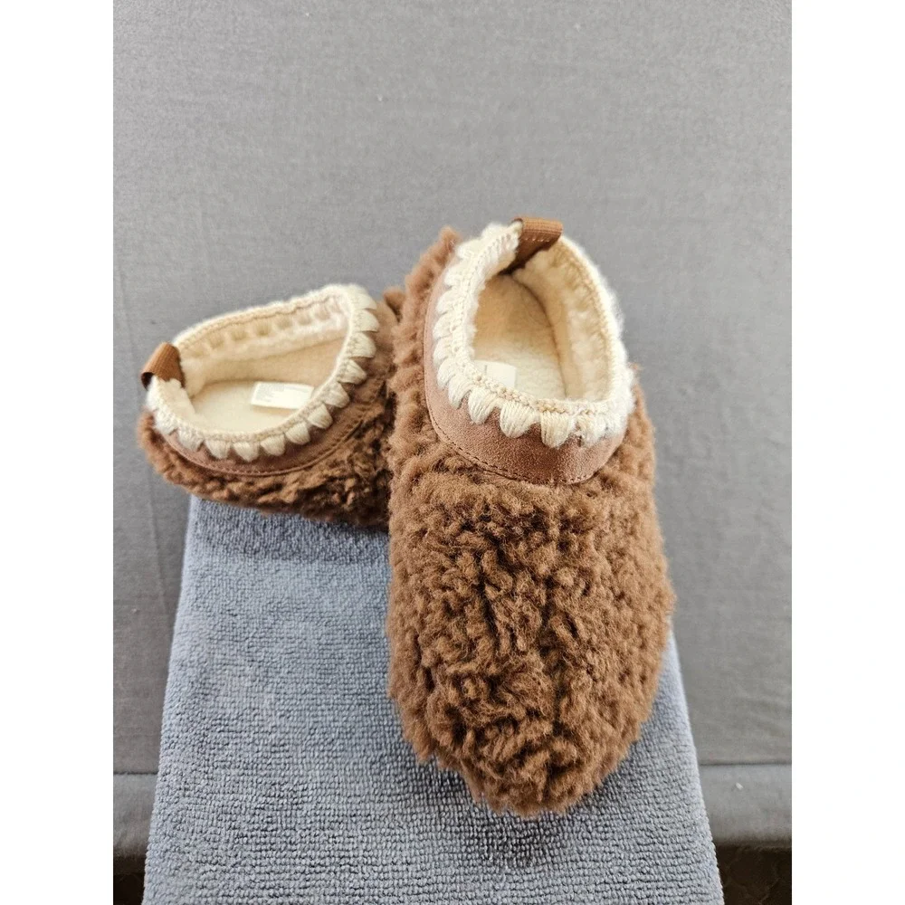 Target Toddler Faux Fur Sherpa Slippers Brown Whipstitch Trim Size 10